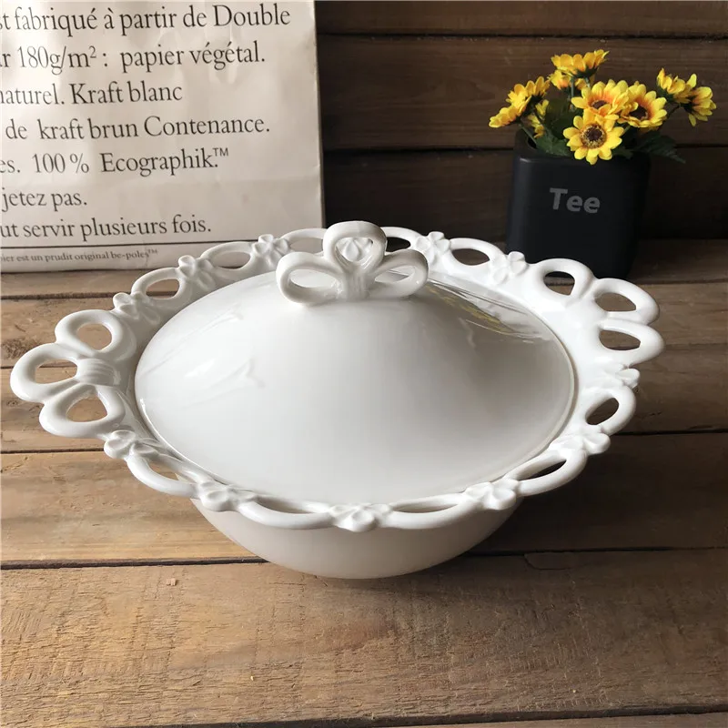 
wholesale high quality round white ceramic embossed soup tureen 