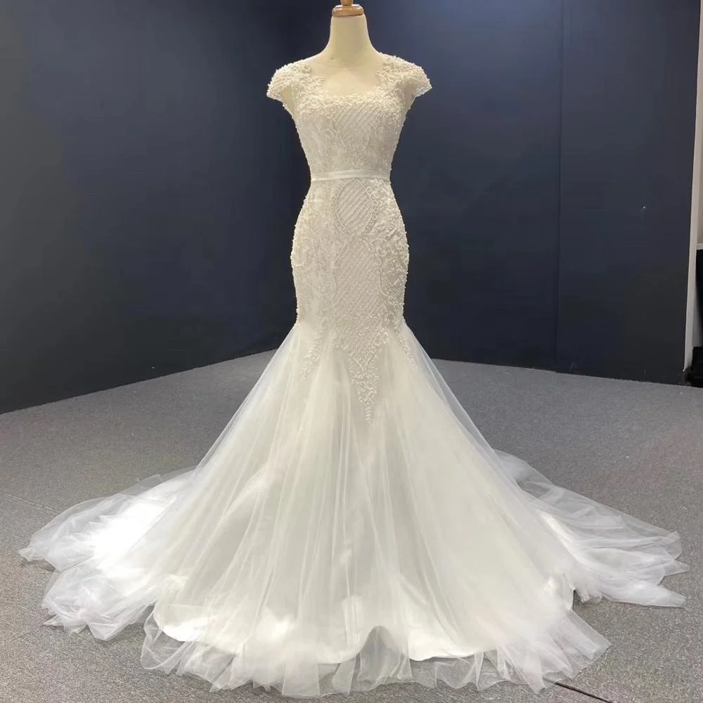 

2020 Hot Sale Wedding Gown Cap Sleeve with Pearls Beading Designer Mermaid Wedding Dress, As picture or your request