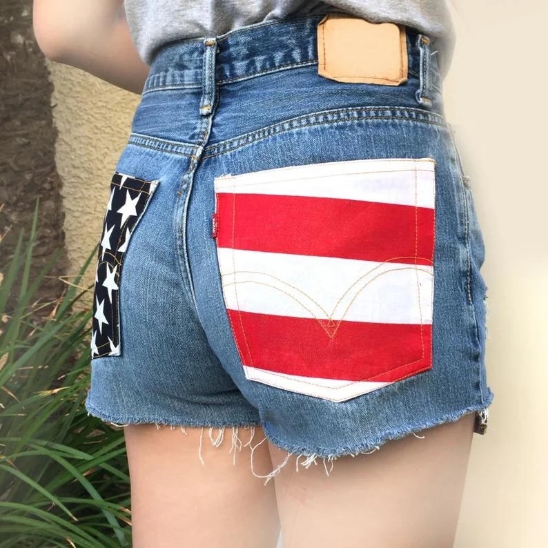 
Boutique Wholesale Kids American flag Denim Shorts Toddler Baby Girl Ripped shorts for 4th of July 