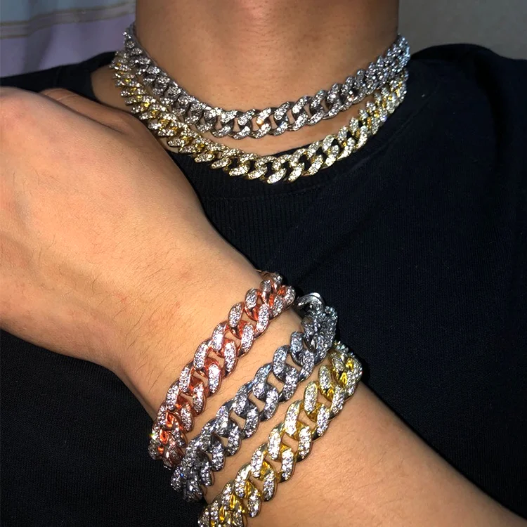 

2021 high quality Hip hop silver gold plated diamond iced out cuban link chain necklace mens jewelry, Silver /gold /rose gold