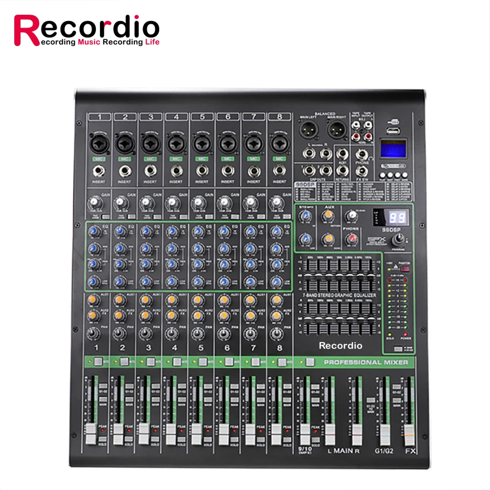 

GAX-XS8 professional 8-channel audio mixer with USB MP3 player mixing console 99 types of DSP DJ audio console mixer