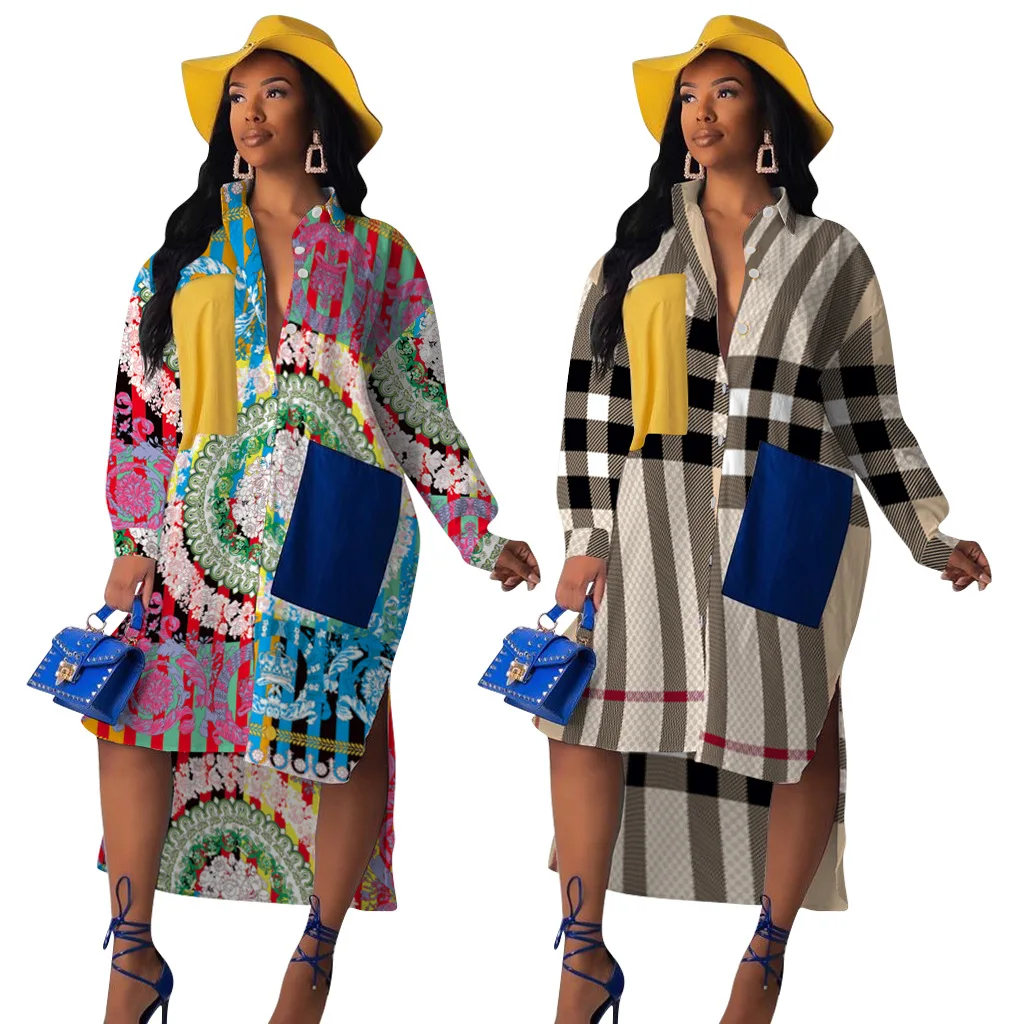 

New Spring Dress African Design Printed Bat Long Sleeve Irregular Patchwork Shirt Dresses Women Casual Button Down Dress