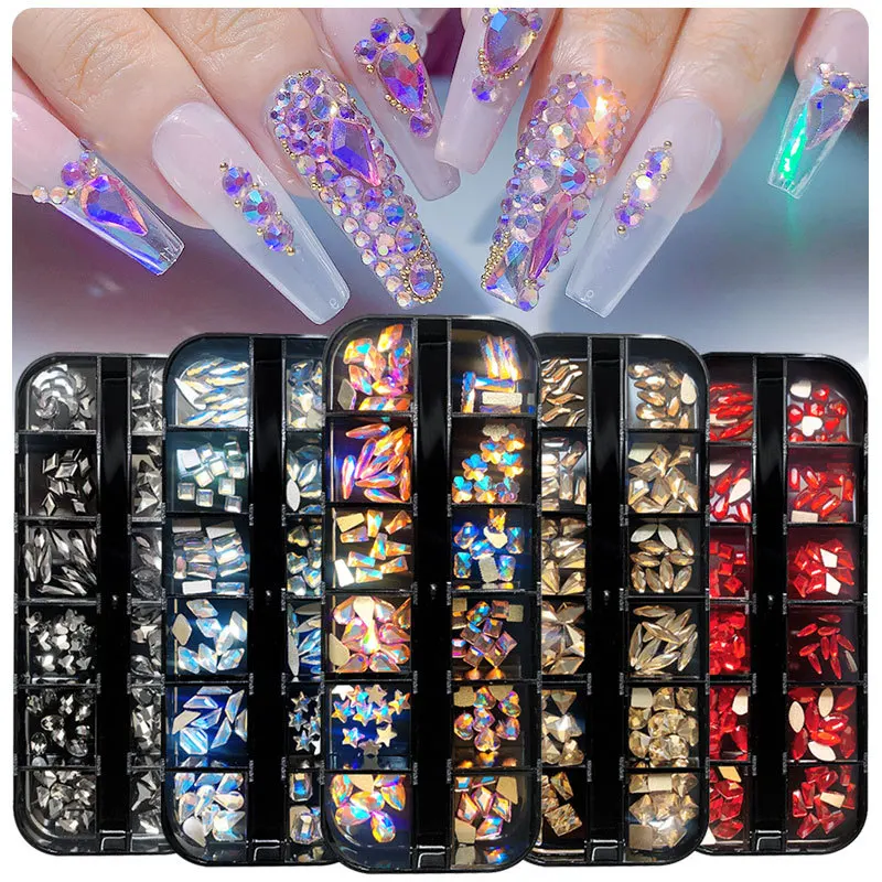

12space Box Set Shape Design Flatback Mix Glass Crystal Rhinestones 3d Nail Art Decoration, As shown