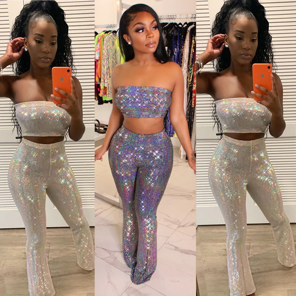 Sequin 2 Piece Tube Top Micro Flared Trousers Women Two Pieces Set Clothing