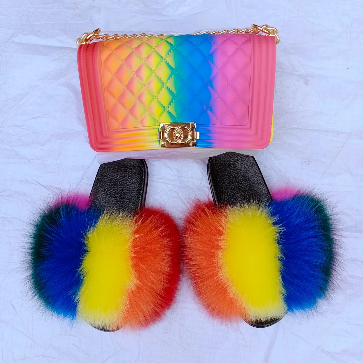 

New style hotsale Jelly purse and fur slides purse sets