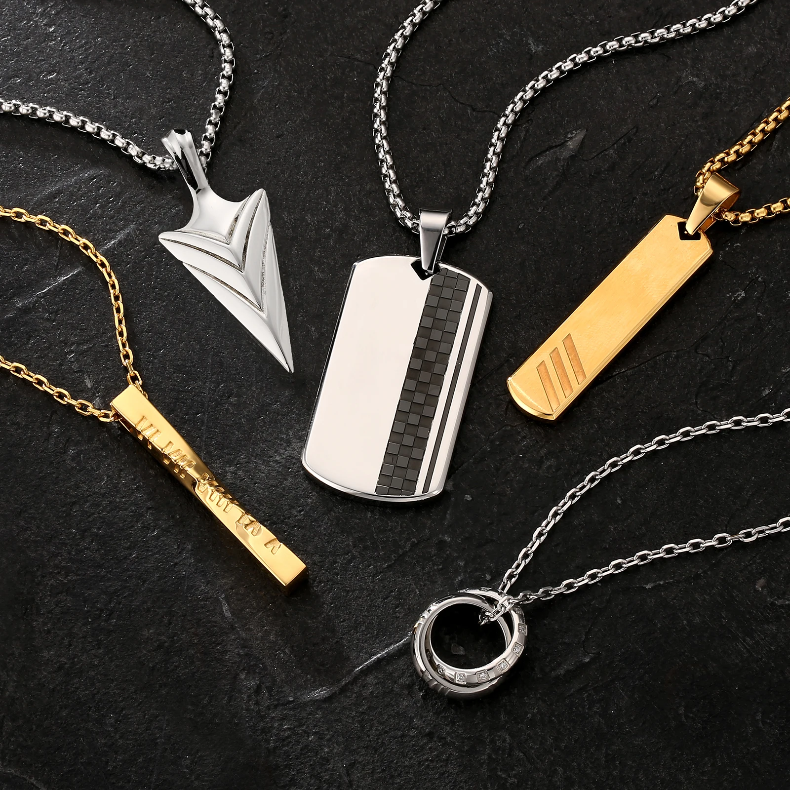 

KRKC Wholesale Stainless Steel 18K Gold Plated Viking Arrowhead Pendant Cross Pendant Bar Pendant Dog Tag Necklace for Men