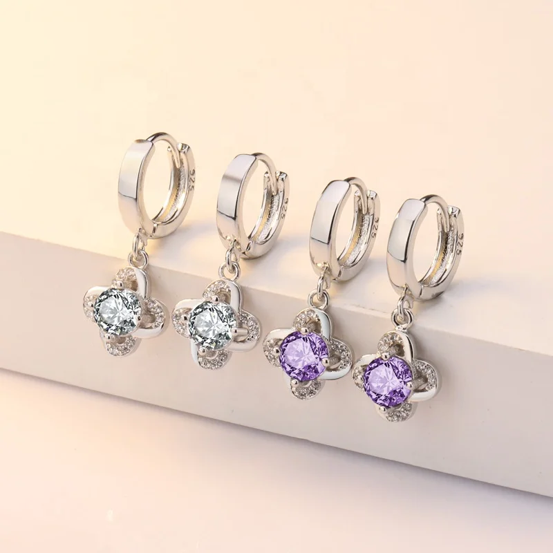 

Fashion Style Women's Earrings Simple Fashion Lucky Leaf Grass Everlasting Flower Earrings Purple Zircon Jewelry