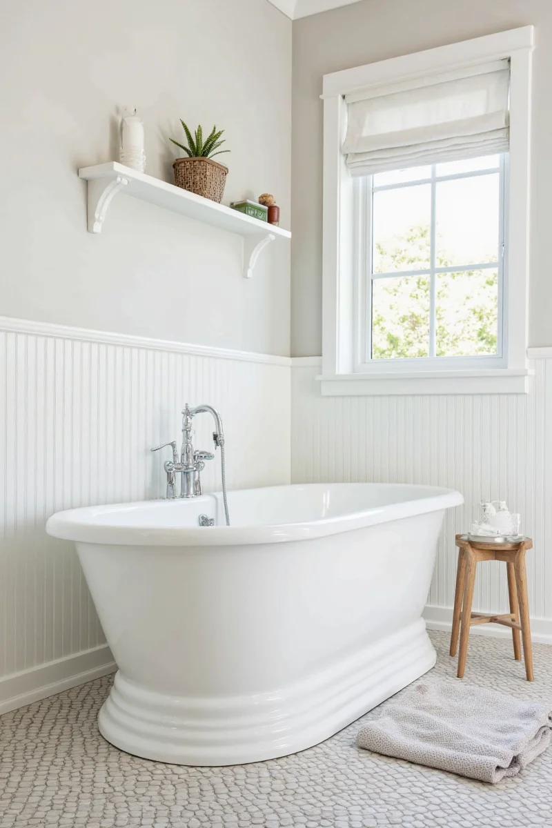 Beadboard bathroom with built-in kid storage