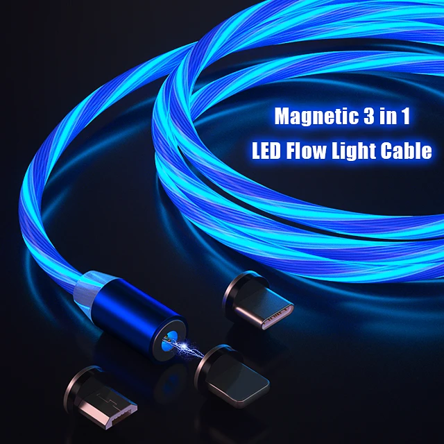 

3 in 1 Micro Type C LED Glow Flowing Light Magnetic Mobile Phone Charger Cable, Blue red green white