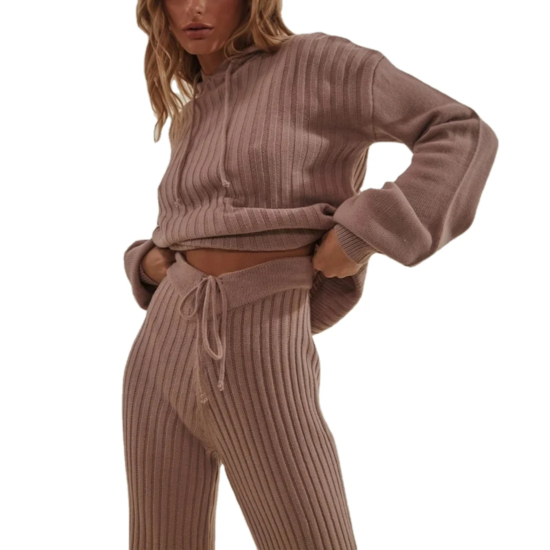 

2021 Custom Knit Women Set Sweater Fall Fashion Hoodie Two Piece Knitted Pure Color Women Sweater Set, As picture or odm oen
