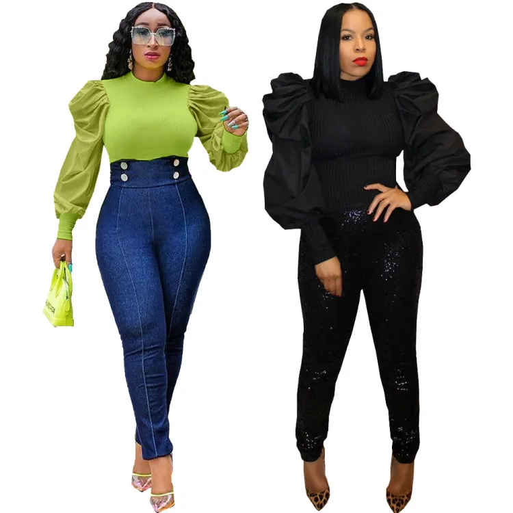 Puff Sleeve Fashion Sweater Top Ruffle Crop Sweat Formal Tops Elegant Plain Fancy Long Sleeve Knitted Women Clothes RS00120