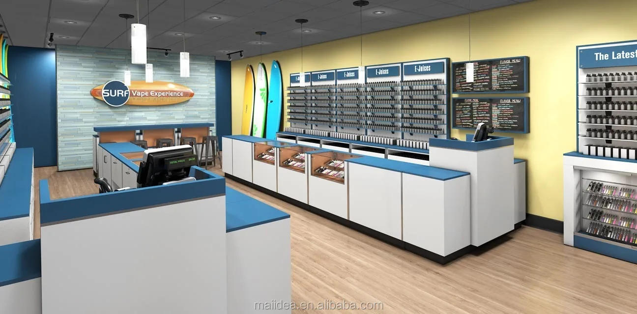 Mdf Wooden Vape Shop Counter Design Display Glass Wall Mounted Tobacco