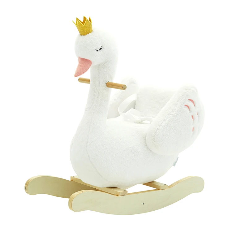 

New Creative Solid Wood Softboakid Plush Swan Cradle Princess Nordic Plush Swan Rocking Horse