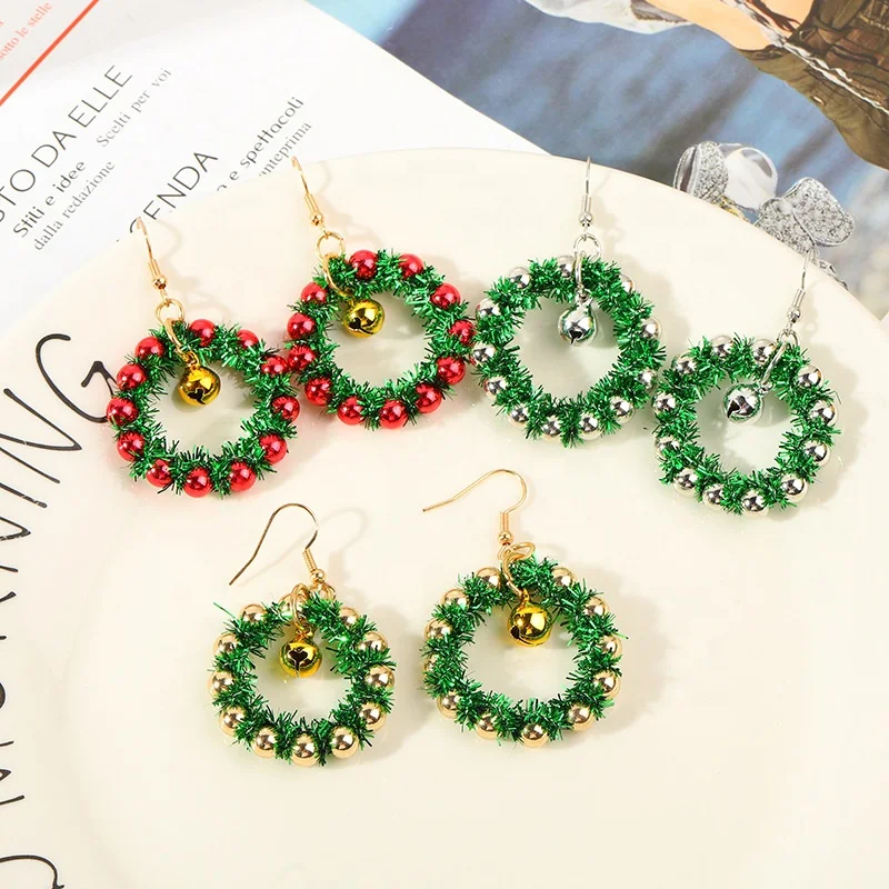 

Creative Red Green Christmas Wreath Earrings Resin Christmas Bell Drop Earrings Women Festivals Jewelry