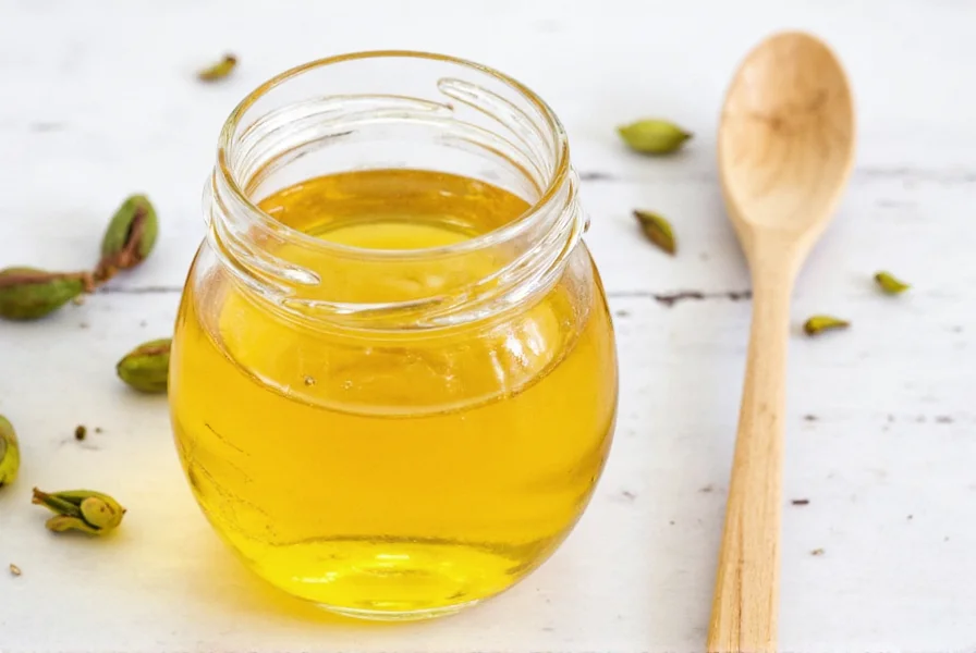 Glass bottle filled with golden cardamom syrup next to cardamom pods and measuring spoons