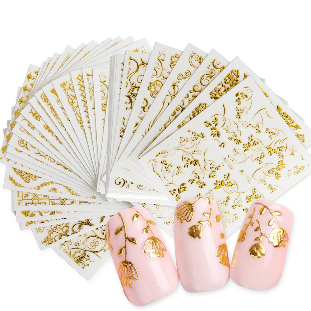 

20Sheets Set Salon Accessory Adhesive Flower Nail Tips Decorations Mixed Designs Gold 3d Nail Art Stickers Hollow Decals