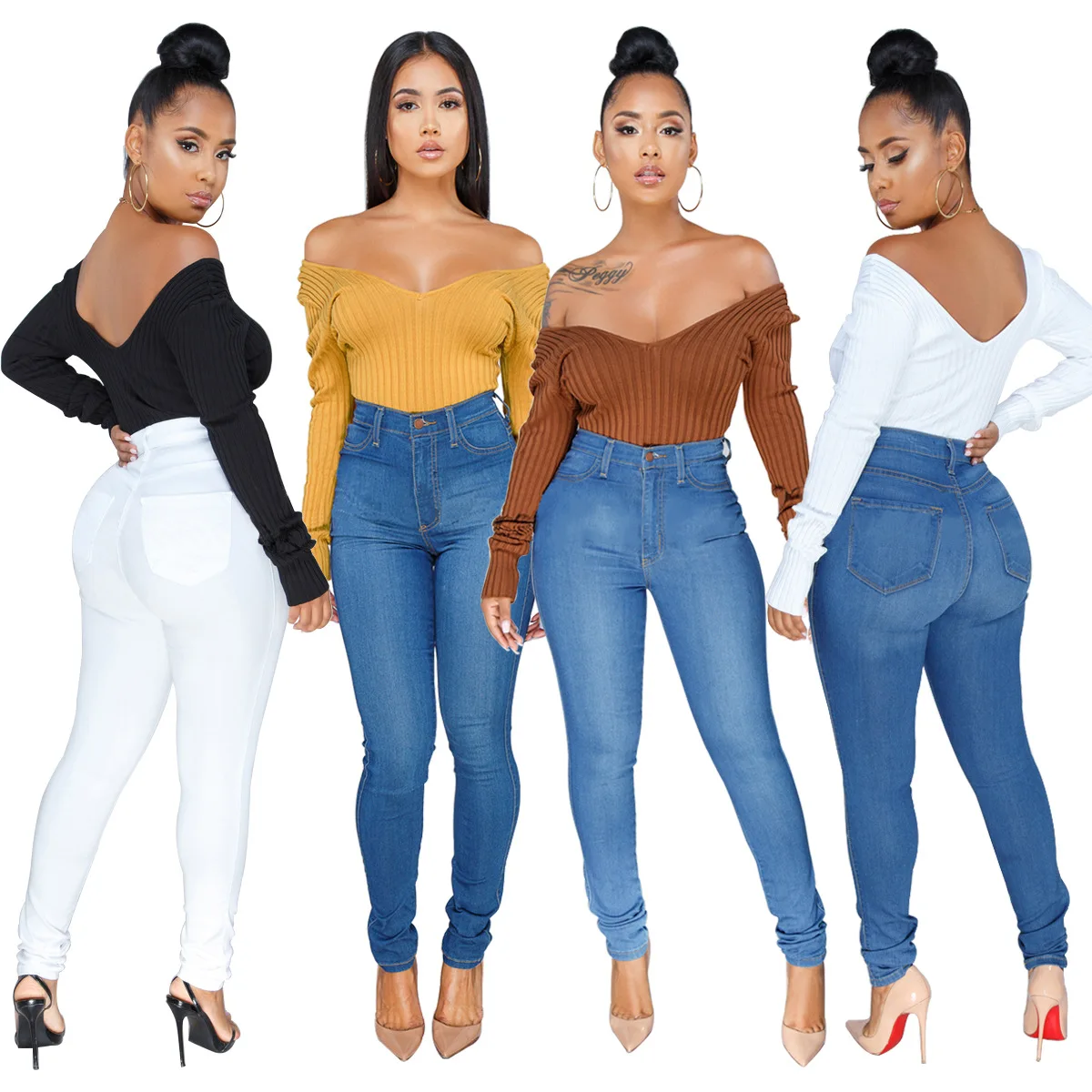 B91740 Fashion hot sale lady bodysuit women jumpsuit and rompers sexy woman solid color v neck 2019 fall clothing