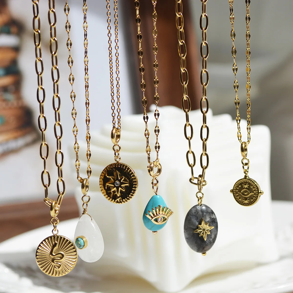 

women exquisite gold plated stainless steel chain choker necklace diy natural stone pendant necklaces