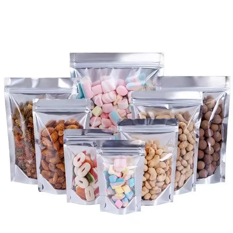 In Stock Front Clear Window Resealable Zipper Mylar Bag Metallic Silver aluminum foil Stand Up Pouch For Food Snack Nuts Spice