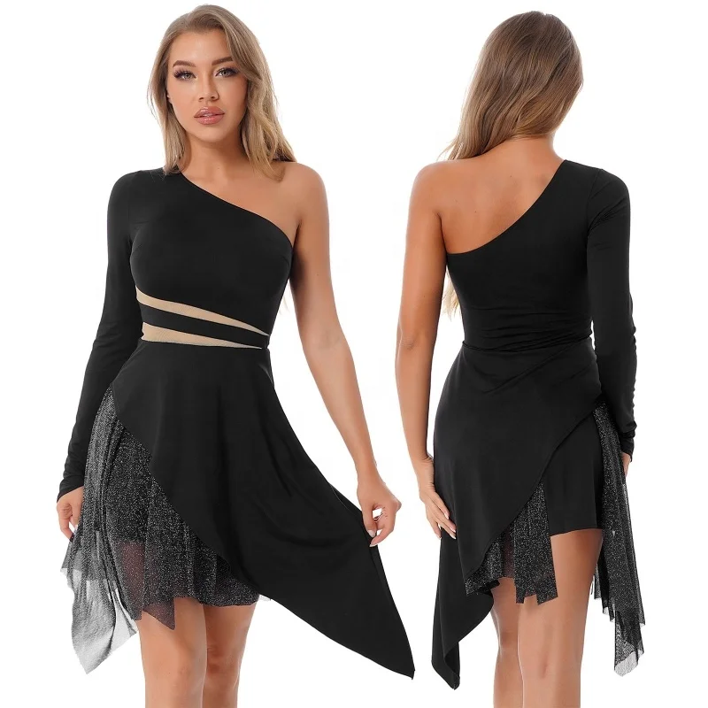 

New Design Womens One Shoulder Long Sleeve Asymmetrical Hem Patchwork Dresses Dancewear Latin Dance Dress