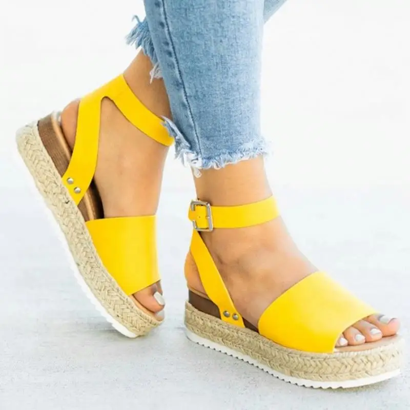 

Popular Women Roman Black Hemp Rope Wedge Heel Ankle Strap Sandals Height Increasing Sandals