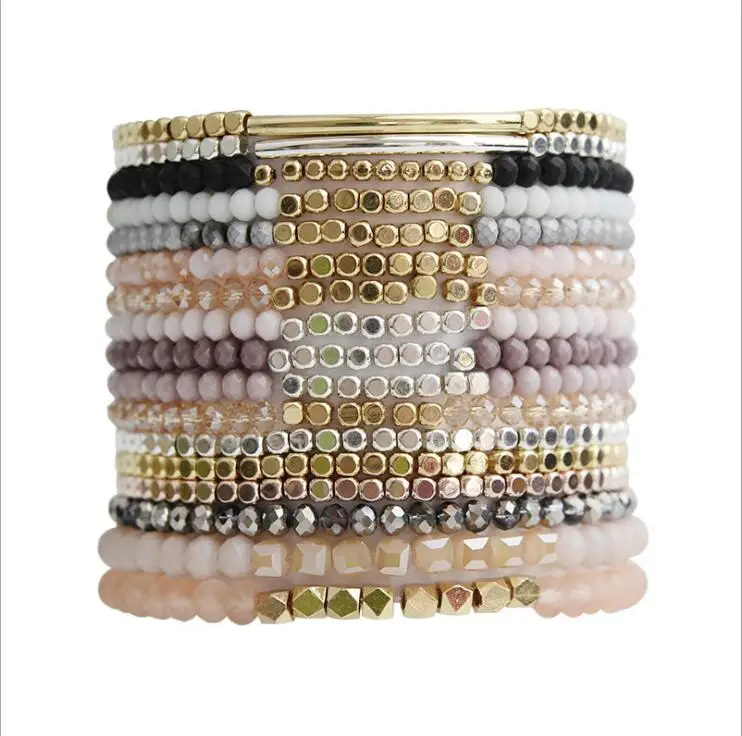 

BM1010 Delicate Fine Crystal Beads with Gold Stacking Bracelets, Dainty Tiny Gold Silver Cube Bead Elastic Bracelets for Women
