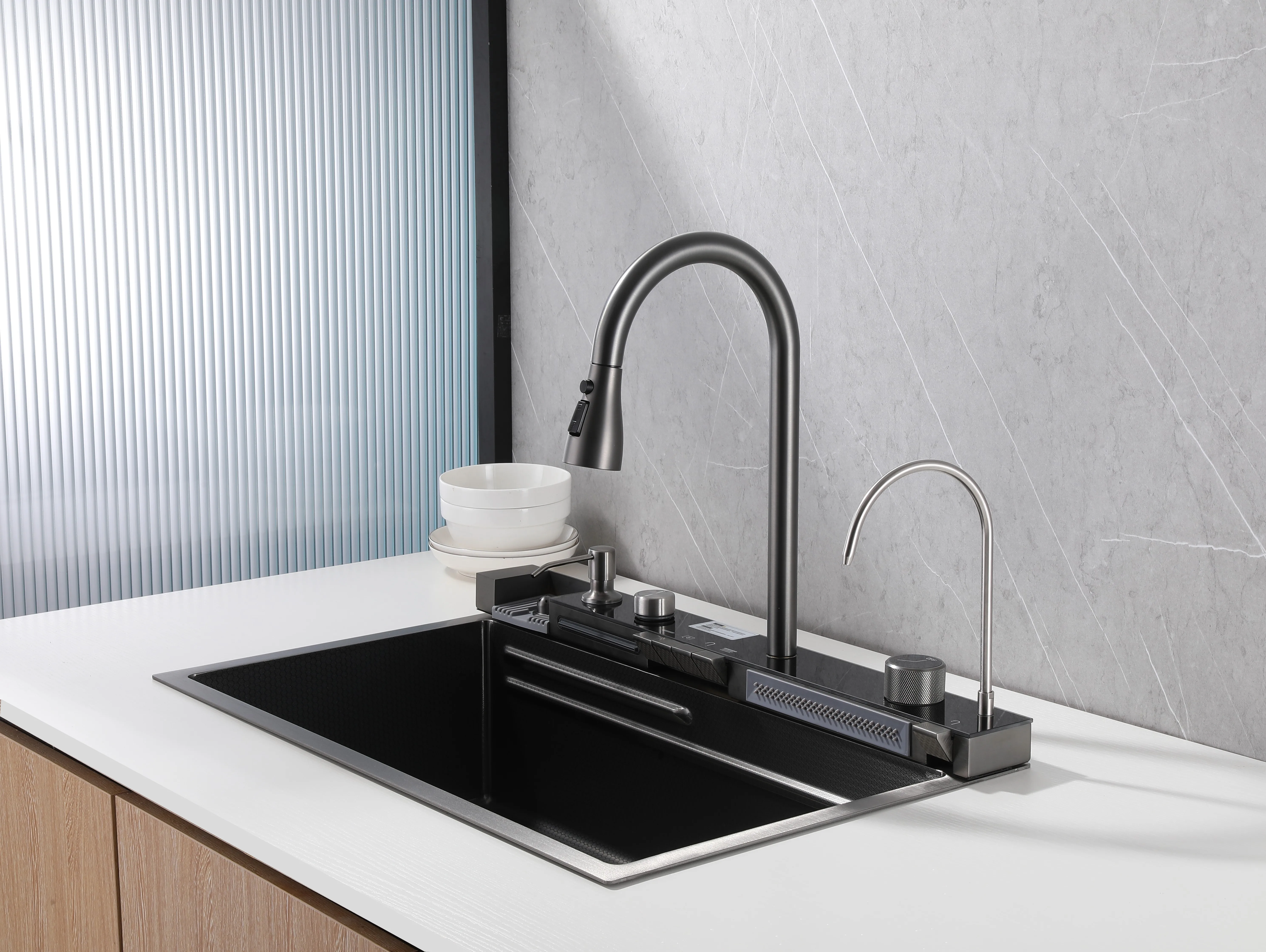 stainless-steel-black-kitchen-sink-7546-piano-faucet-purified-water-tap-side-view-marble-wall