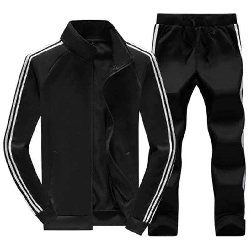 

Striped Tracksuit Running Suit Men's Autumn Winter Sport Casual Long Sleeve Jumper Solid-color High Collar Suit, As show