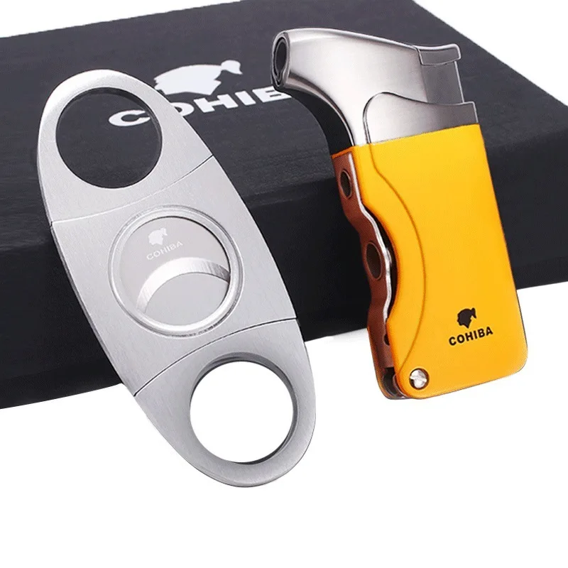 

Luxury Cigar Torch Lighter with Cigar Cutter Gift Set, Silver/yellow