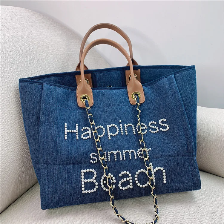 

Wholesale 2021 canvas with pearl  capacity beach bag with letters shopping bag ladies shoulder tote bag women's handbag