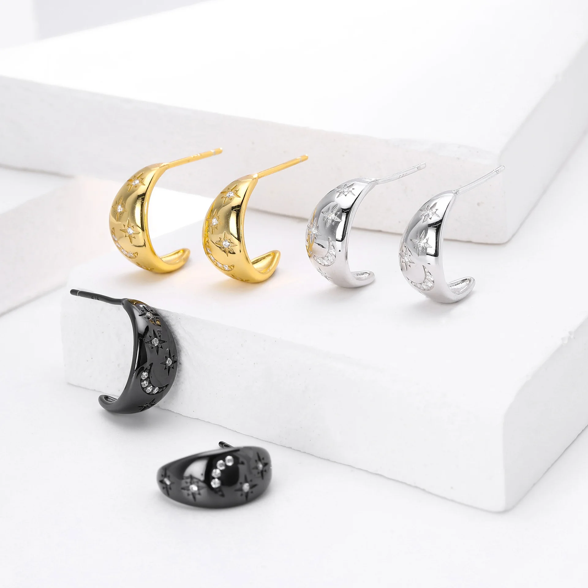 Factory Dropshipping Silver Jewelry S925 Sterling Silver C-shaped Stud Earring Stars and Moon Zircon Stud Earring Women