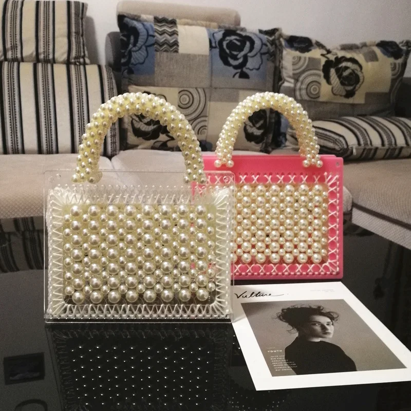 

women party vintage women handbag transparent acrylic beaded box totes bag Luxury designer pearl bag