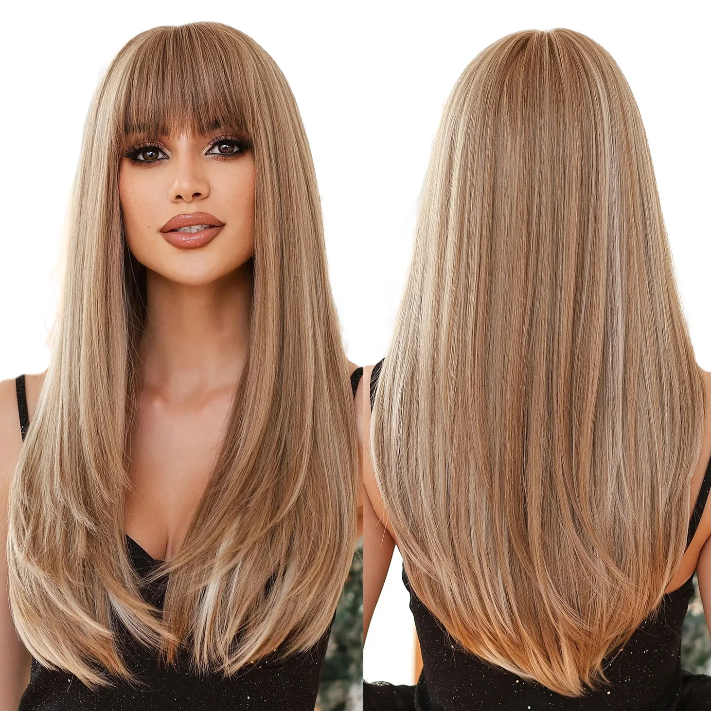 Long Blonde Wigs With Bangs Layered Straight Hair Heat Resistant Synthetic Wigs for Women Natural Christmas Party Wigs