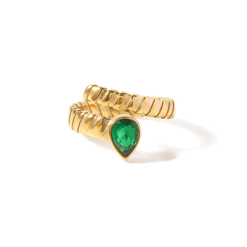 

Geometric Waterdrop Green Cubic Zircon Rib Texutre 18K Gold Plated Stainless Steel Opening Rings