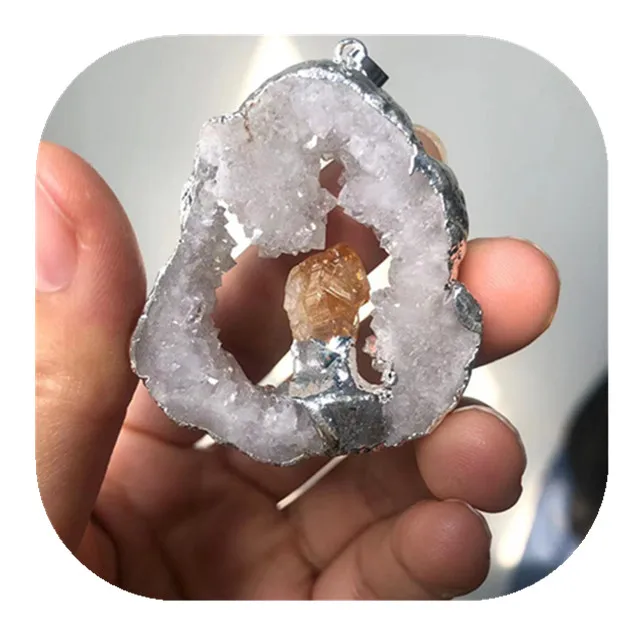 

New arrivals natural carved crystal jewelry silver plated agate geode slice pendant for sale