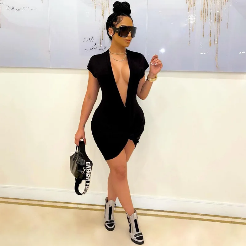 

Blingirl Solid Short Sleeveless T Shirt Midi Dress Deep V Neck Bodycon Bow Tie Sexy Streetwear Party Club 2021 Summer Clothes, White,black,khaki