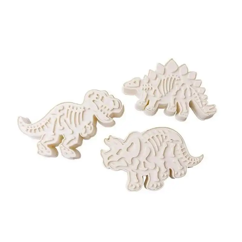 

New Design 3pcs Dinosaur cookie stamp 3D cookie cutter and Dinosaur Plastic Biscuit Mold Set, Cream-coloured