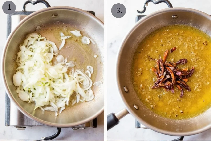 Step-by-step preparation of homemade crunchy chili onion showing sliced onions frying in oil with dried chilies