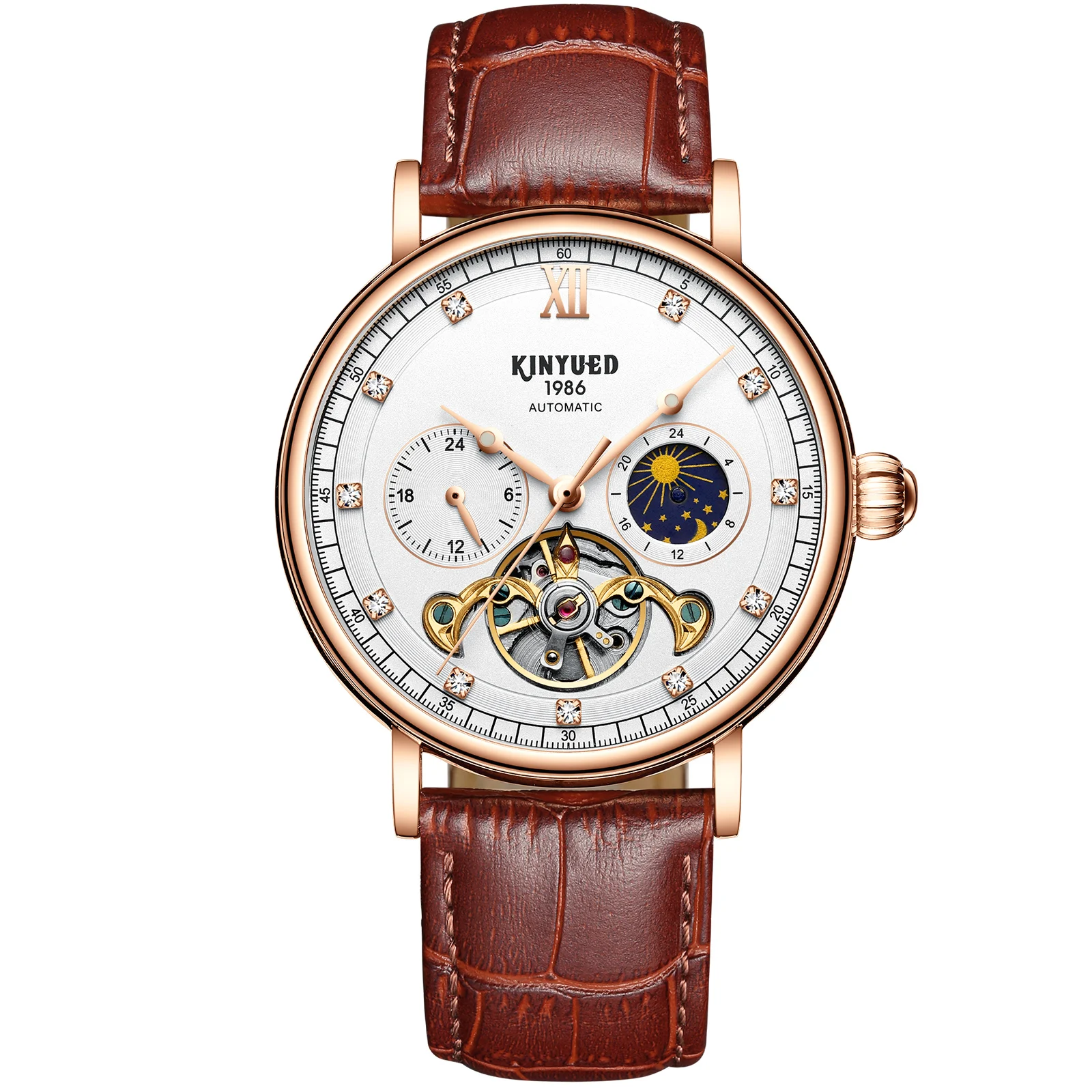 
KINYUED J053 Luxury Watch Mechanical Moon Phase Calendar High Quality Automatic Tourbillon Mechanical Men Watches  (1600081072291)