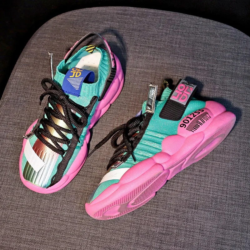 

Fashion mesh chunky shoes 2019 colorful lace-up sport Running walking shoes sneakers for women, Wedge Fashion Sneaker