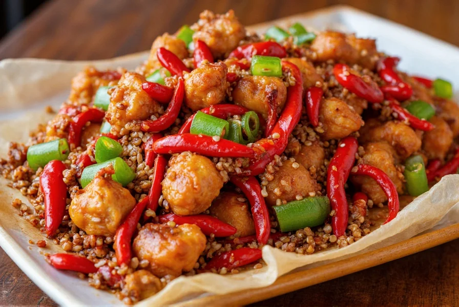 Colorful plate of Sichuan-style chili chicken with abundant dried red chilies and toasted Sichuan peppercorns