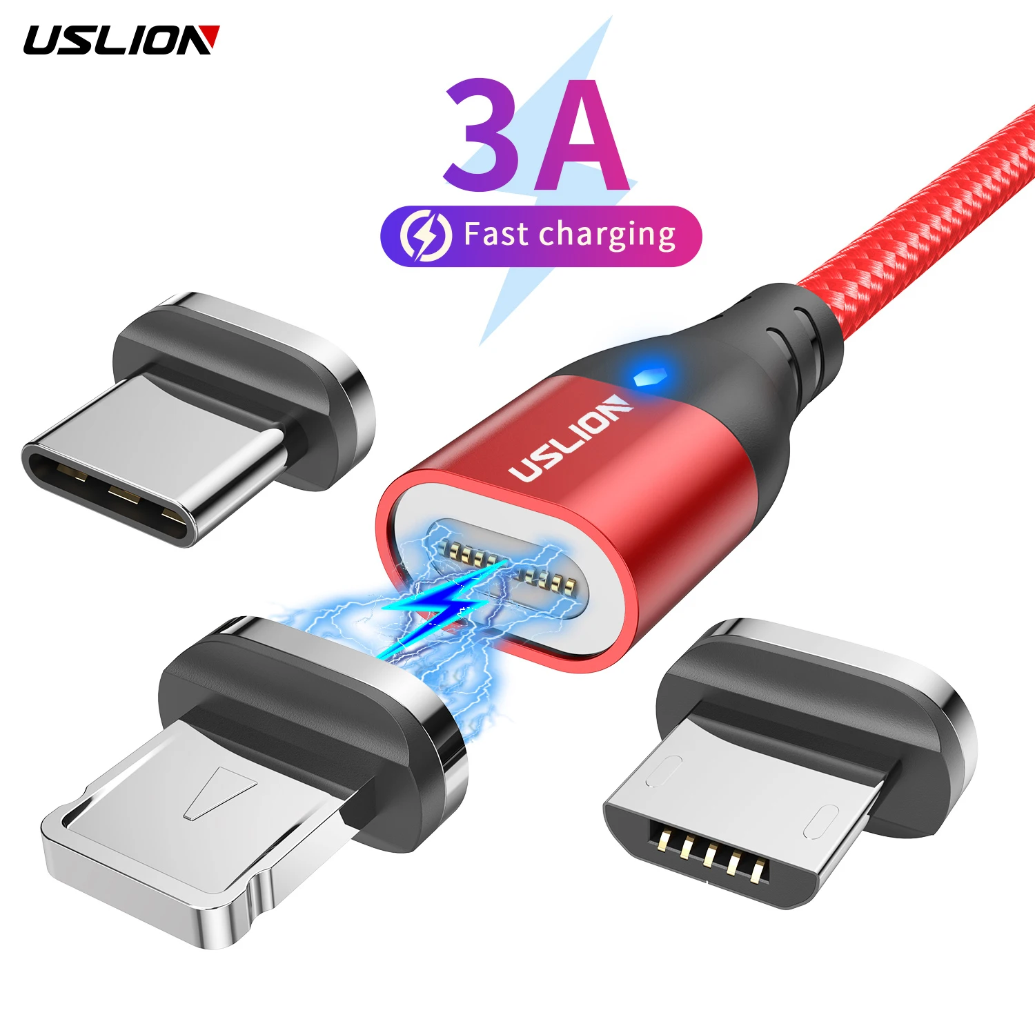 

USLION 3 in 1 1M 2M Flat Cable Magnetic USB Charger 3A Fast Charging Data Cable Micro USB Type C for iphone 14 13 12 Pro Max, Black red blue silver