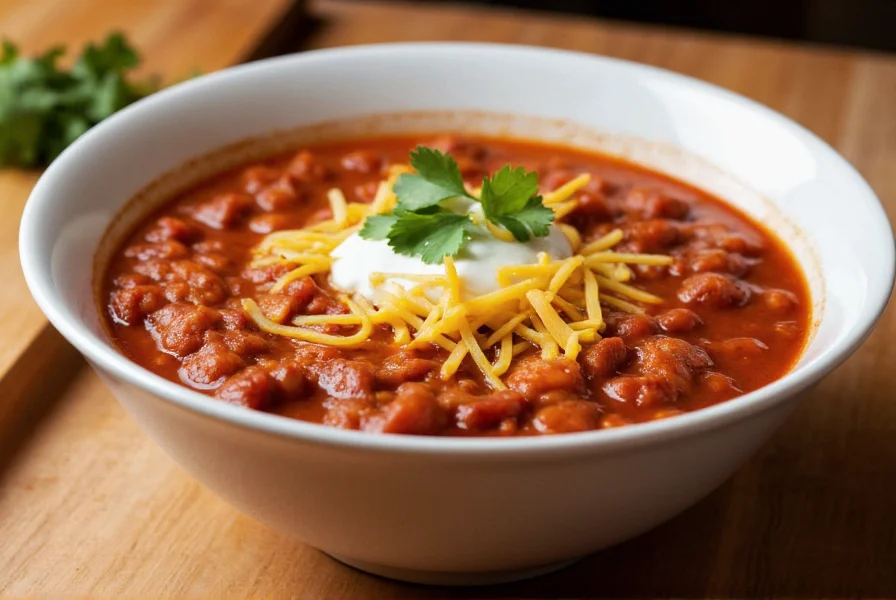 Finished bowl of tomato juice chili topped with sour cream, shredded cheese, and fresh cilantro