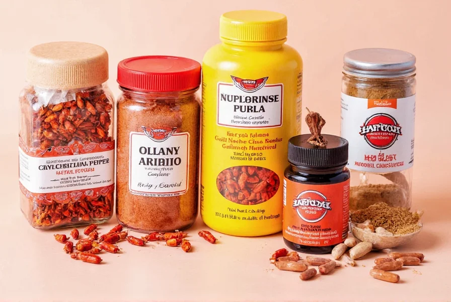 Various cayenne pepper products including dried whole peppers, ground powder, and supplement capsules arranged neatly