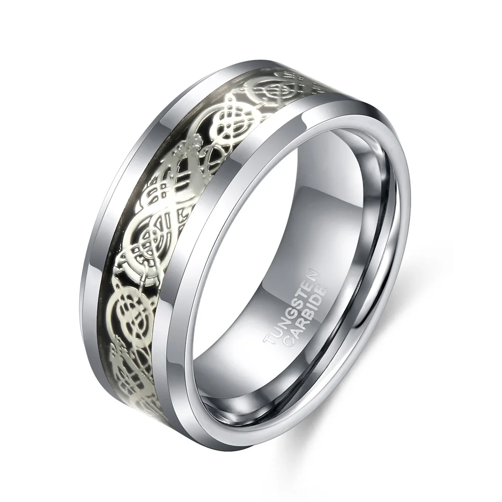 OAHLAN 6mm 8mm Waterproof Trendy Men Silver Color Tungsten Carbide Ring Engagement Wedding Band Dragon Inlay Fashion Jewelry