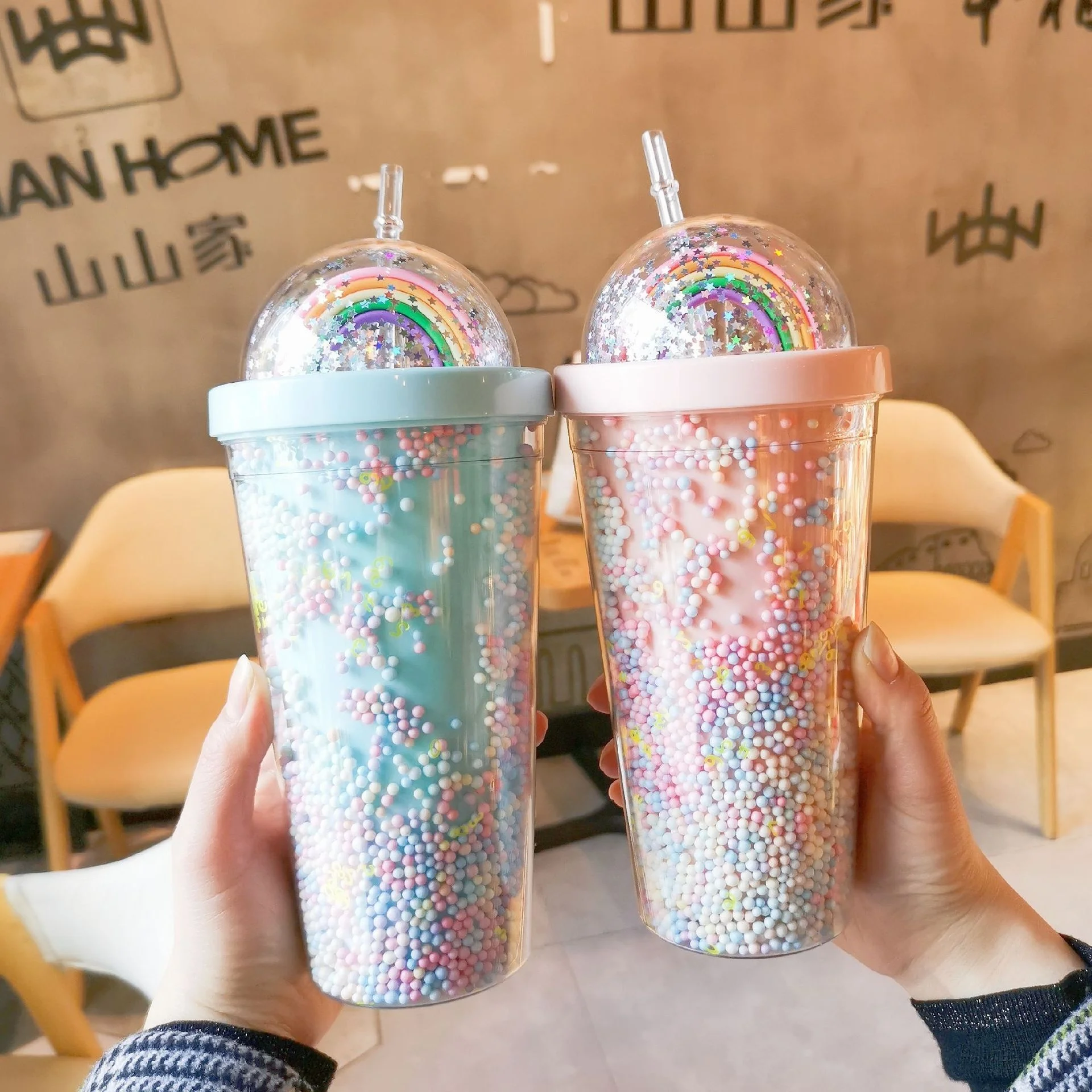 

Wholesale reusable travel plastic milkshake cups with straws clear bpa free glitter ice cream juice tumbler double wall cup, As picture