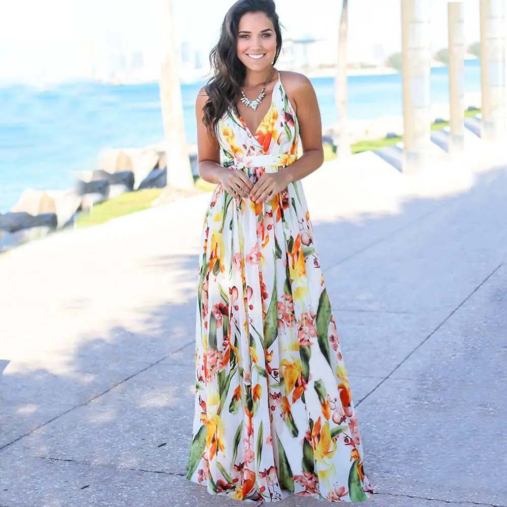 

JB-19100928 2020 Full Length Stylish Flowers Pattern Printed Sleeveless Women Long Casual Dresses, Picture