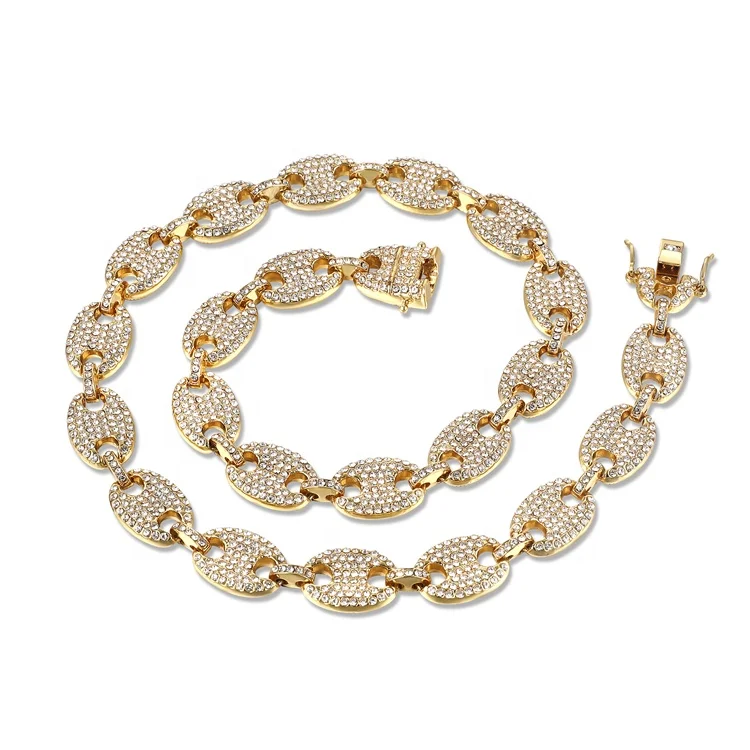 

Hips Hops Punk Rap Jewelry Gold Plating Micro Pave Bling Diamond Crystal Coffee Bean Chain Necklace