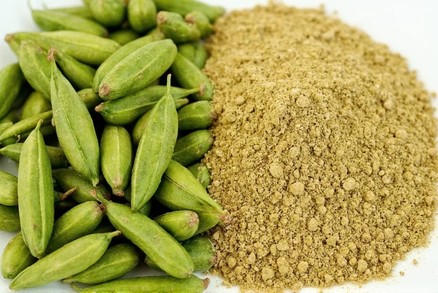 Close-up photography of green cardamom pods next to ground cardamom powder showing texture and color differences