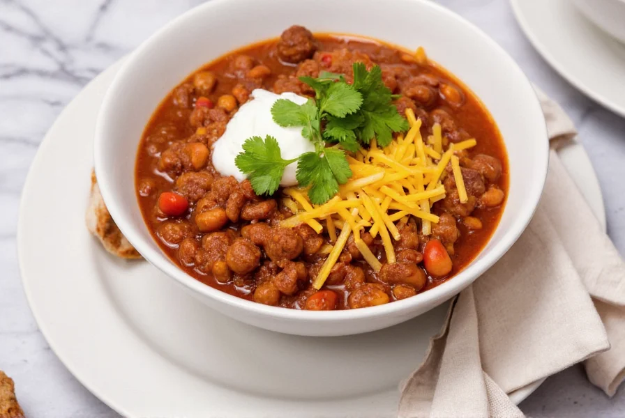 Bowl of Bobby Flay's chili served with traditional toppings including sour cream, cheese, and cilantro